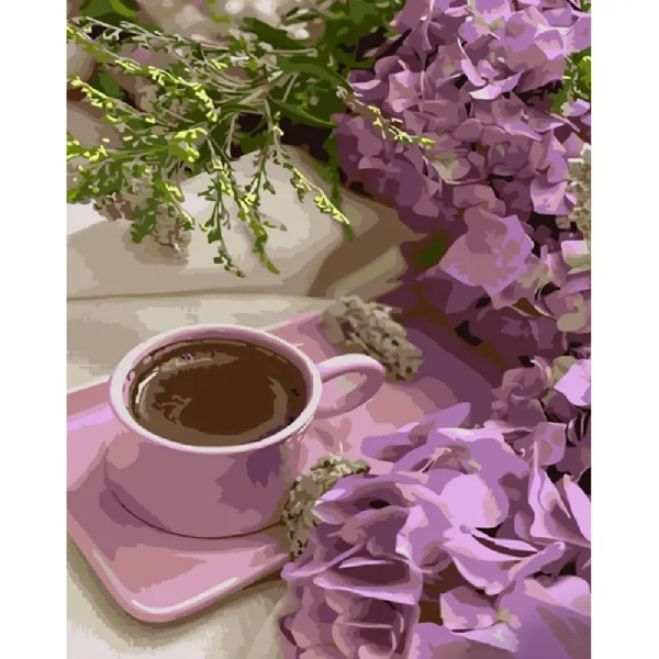 Pictura pe numere "Hortensii violet cu cafea", 40x50 cm (GS1035)(50234)