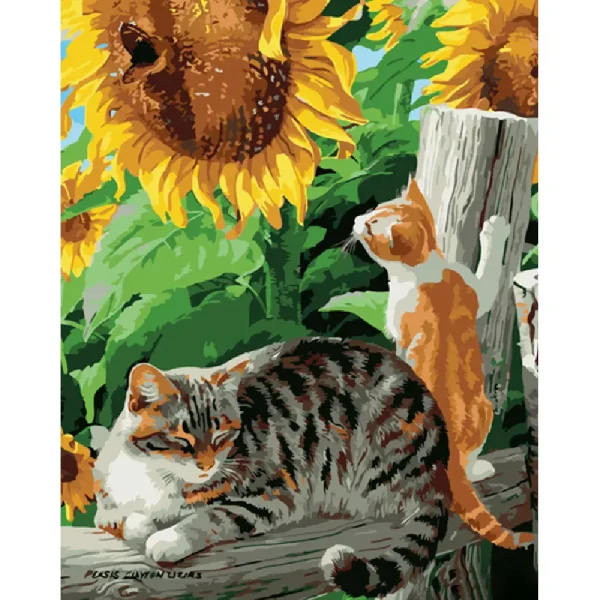 Pictura pe numere "Pisici sub floarea soarelui" 40x50 cm (fara cutie)(GS1053)(50395)