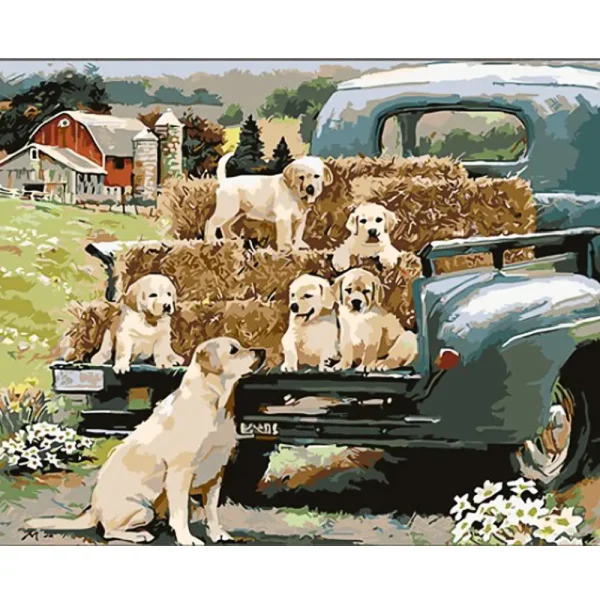 Pictura pe numere "Familie de ciini la ferma" 40x50 cm (fara cutie)(GS1620)(73943)