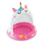 Piscină gonflabilă pentru copii Unicorn cu protecție solară 102×102 cm, 45 L, 1–3 ani, Intex (58438)