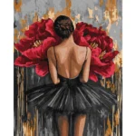 Pictură pe numere Balerină cu bujori roșii, cu vopsele metalice, 40x50 cm, Ideyka